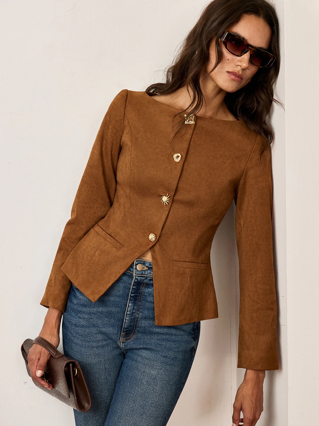 296 Suede Effect Fitted Metal Button Jacket